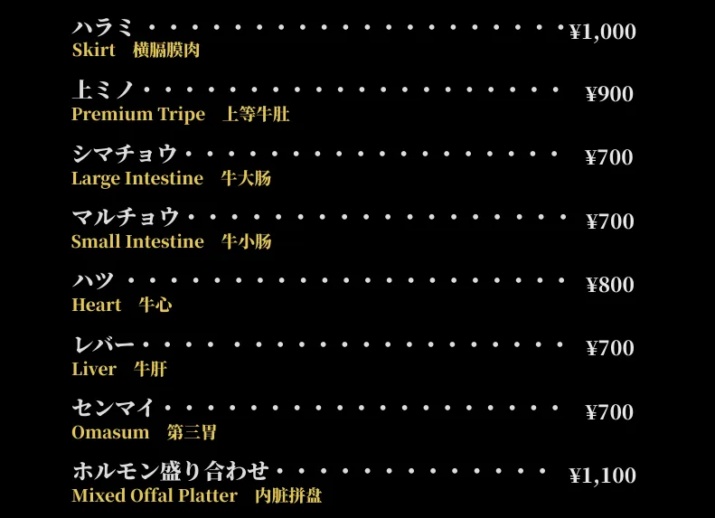 しまね農場焼肉メニュー